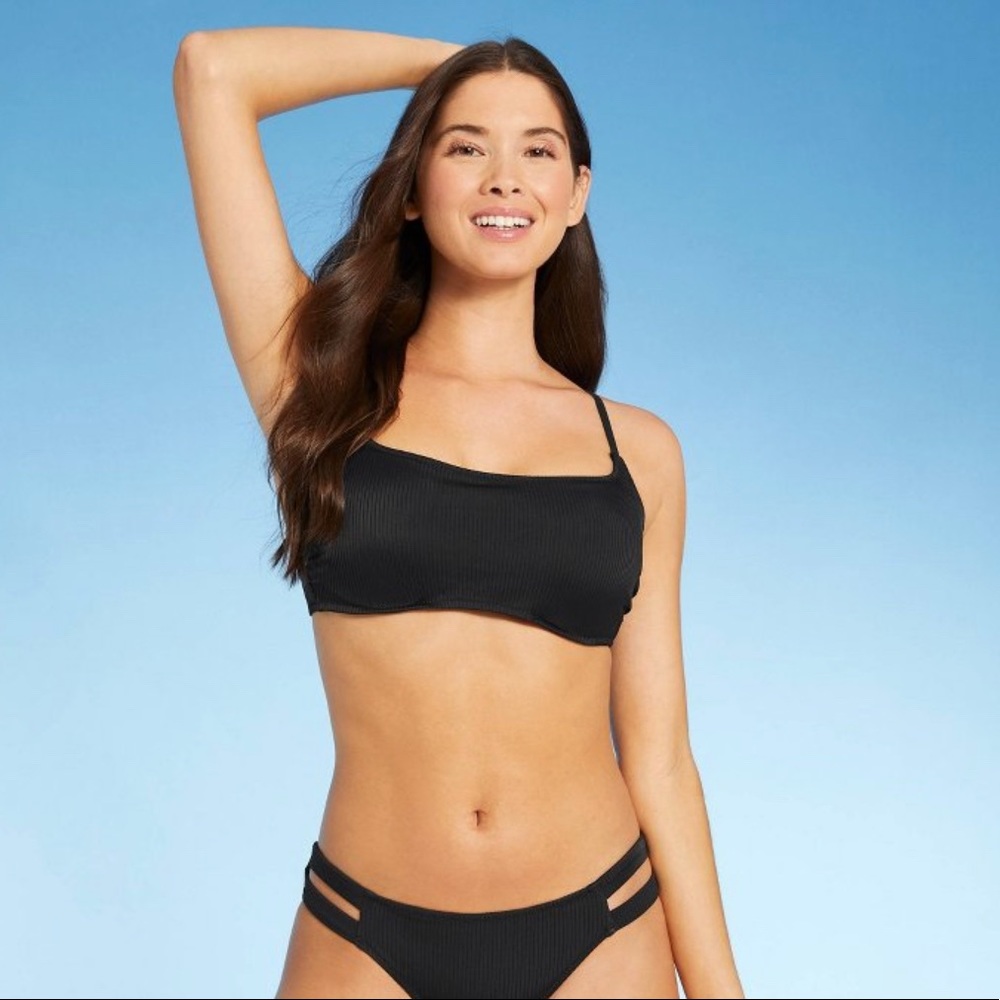 Shade & Shore Ribbed Square Neck Black Swimsuit Top